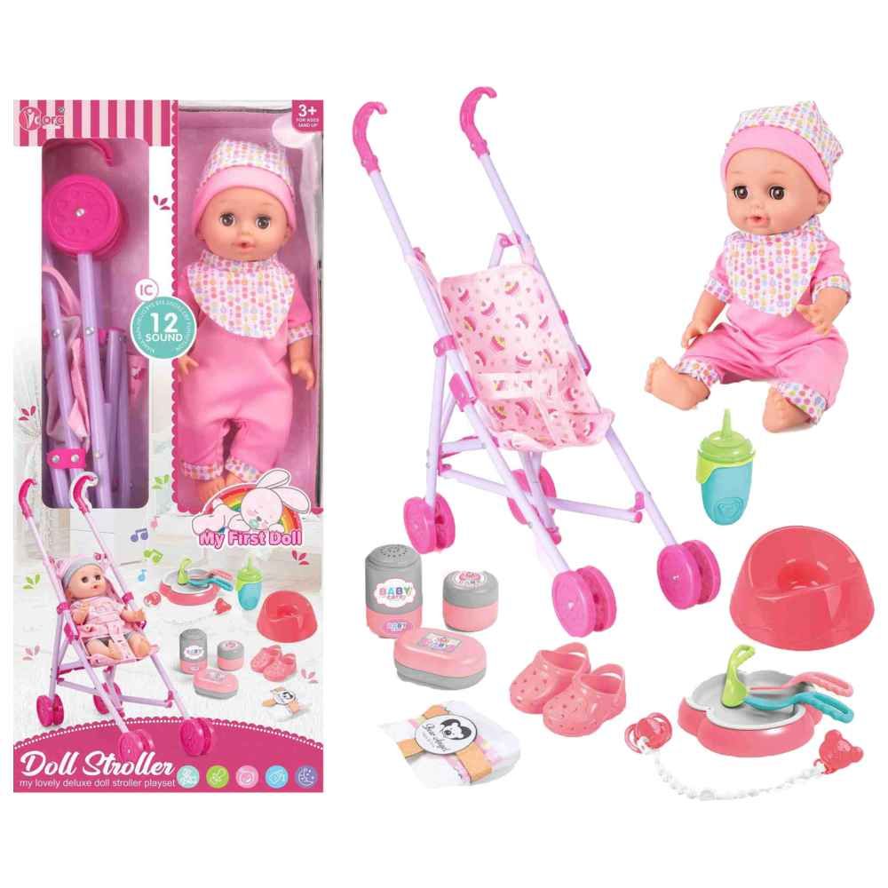 Vdora Dolls - Stroller Baby Doll Playset w/ Accessories - Pink - 13 Pcs
